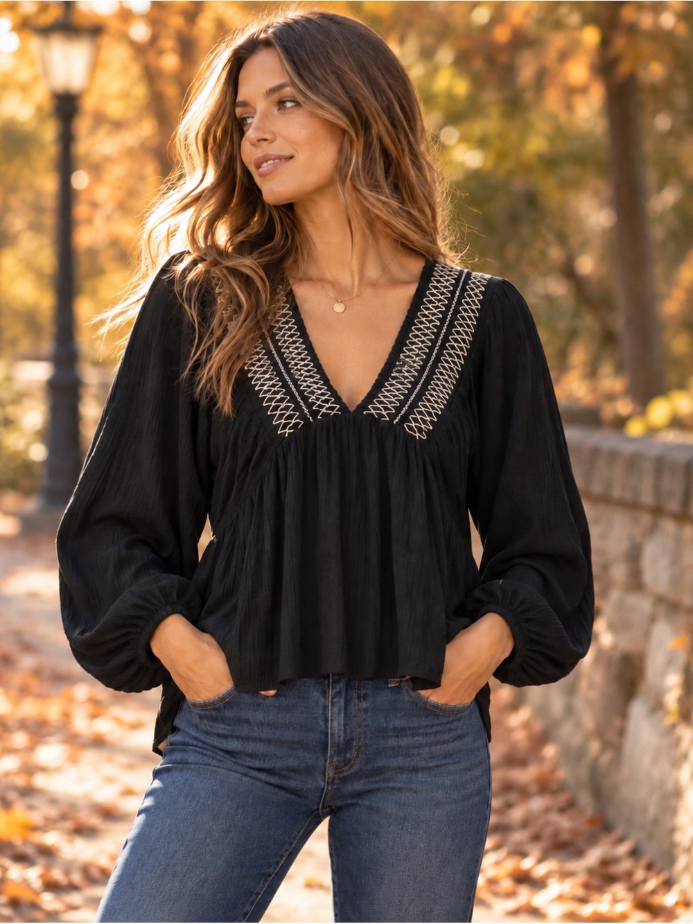 Lovestitch Georgia Smocked Top Black Embroidered Boho Blouse Size Large